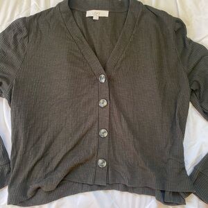 LOFT Gray Cardigan Sweater V-Neck Ribbed Knit